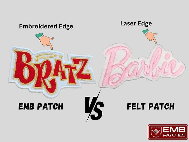 light greyed background image showing two custom patches with features differentiating for emb and felt with title and features on the top and bottom
