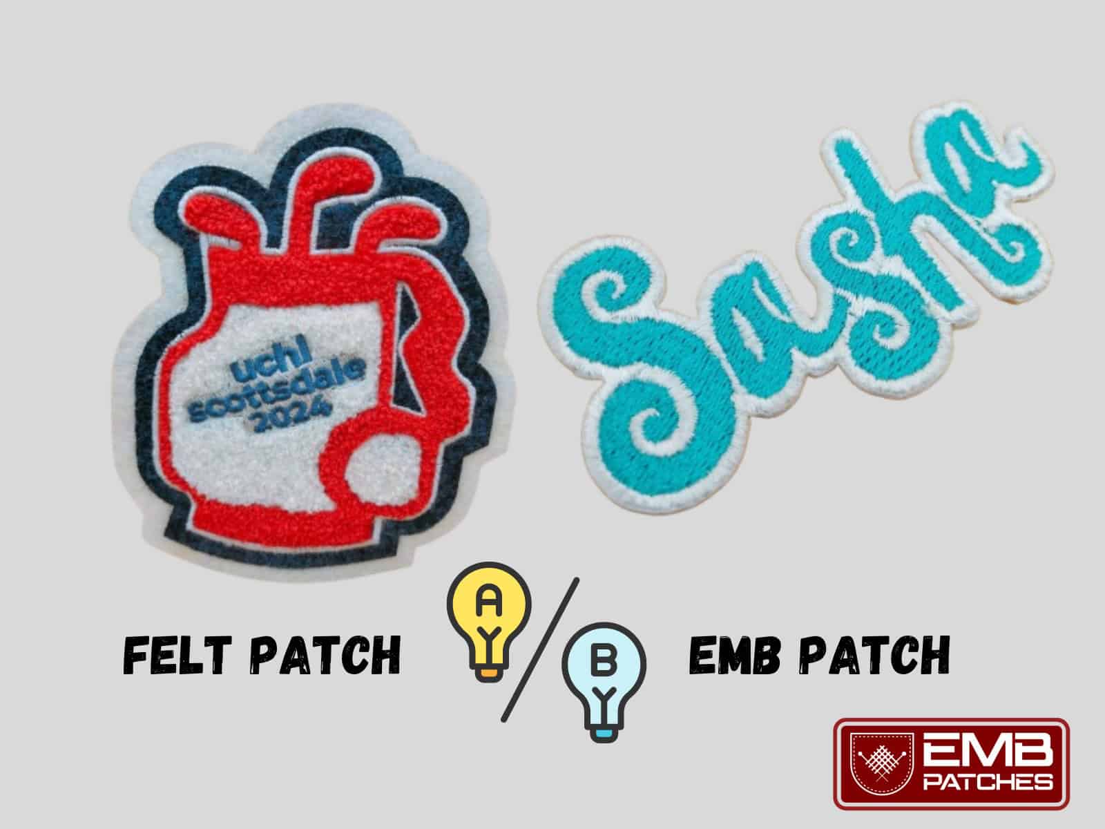 side by side comparison of emb vs felt patch showing left version as felt and emb on the right with title showing difference in bottom and embpatches.com official logo in bottom right